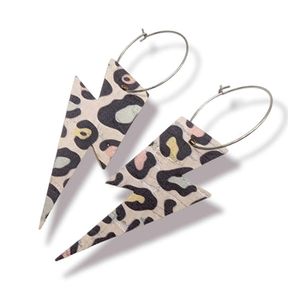 Double sided silver and rainbow leopard print cork lightning bolt earrings - Trend Tonic