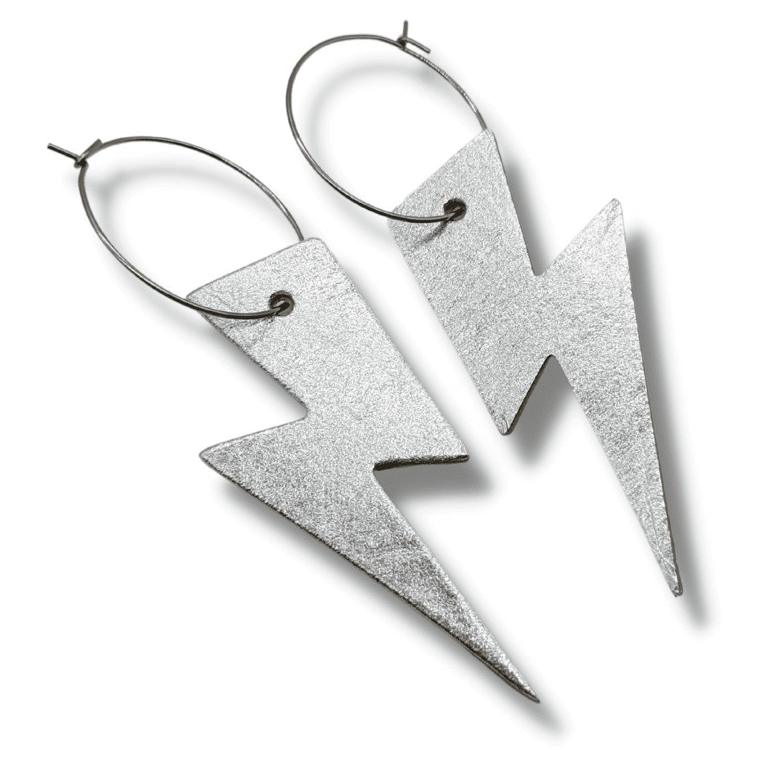 Double sided silver and rainbow leopard print cork lightning bolt earrings - Trend Tonic