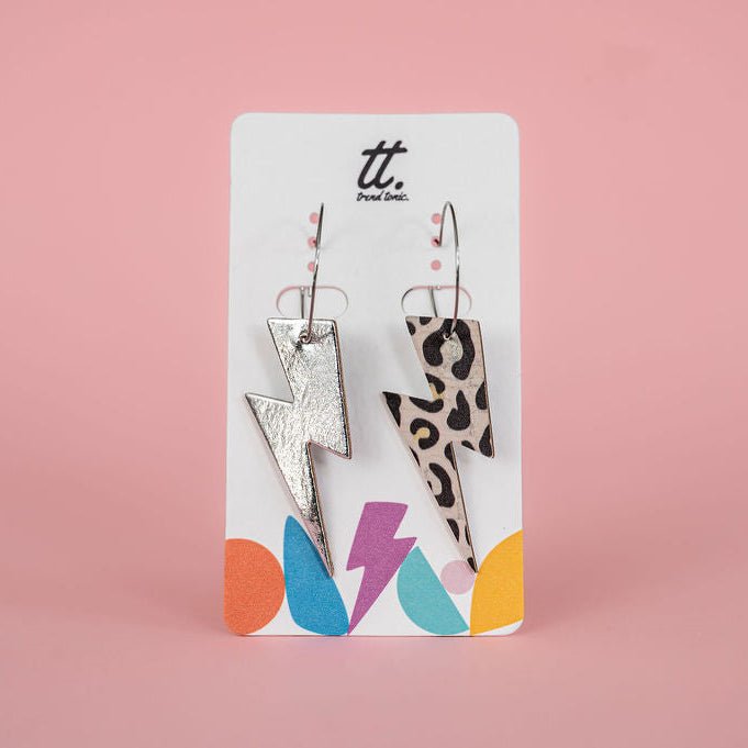 Double sided silver and rainbow leopard print cork lightning bolt earrings - Trend Tonic