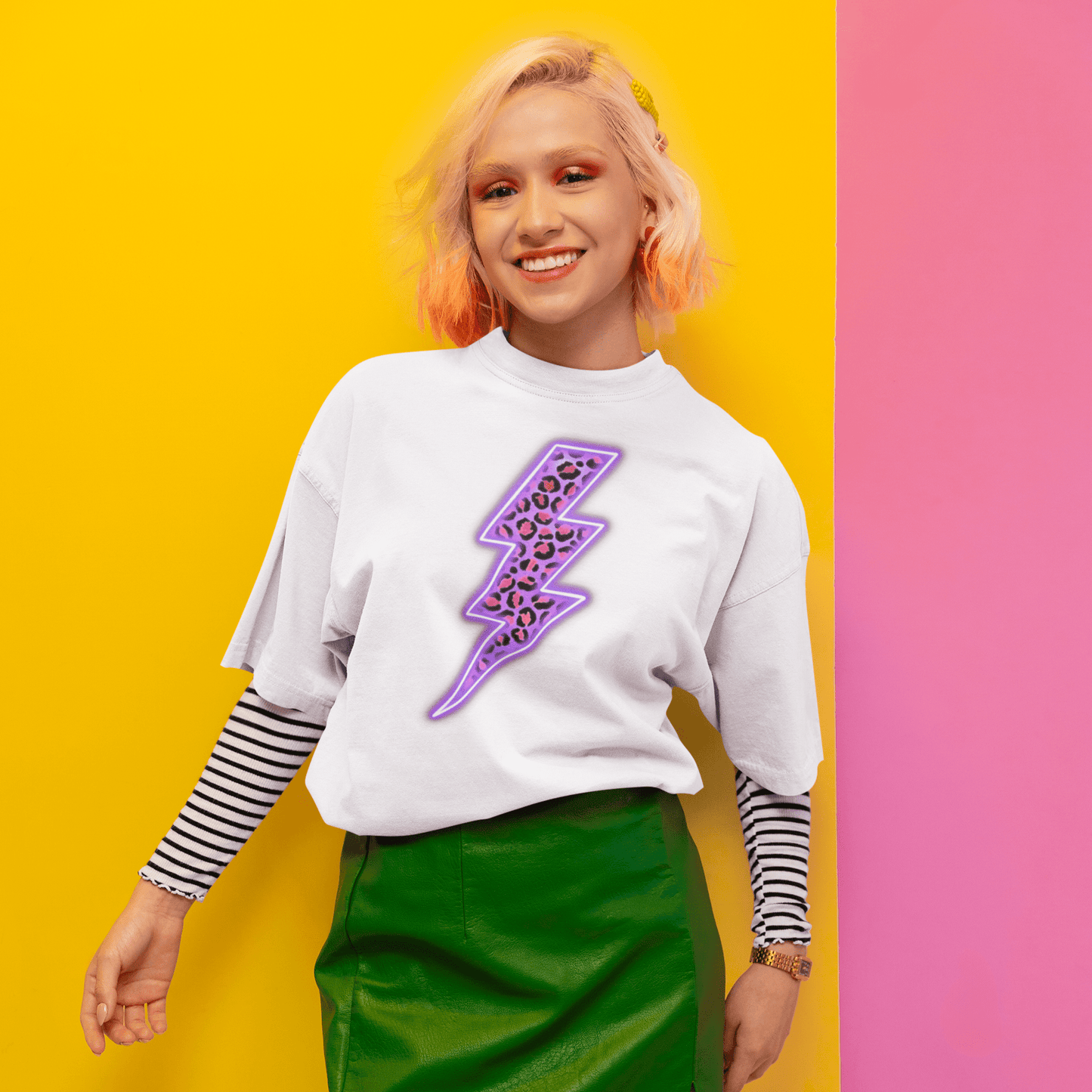 Electric purple leopard print lightning bolt crew neck t-shirt - Trend Tonic