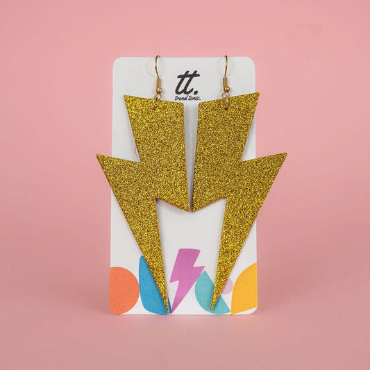 Extra Large Gold Glitter Lightning Bolt Earrings - Trend Tonic