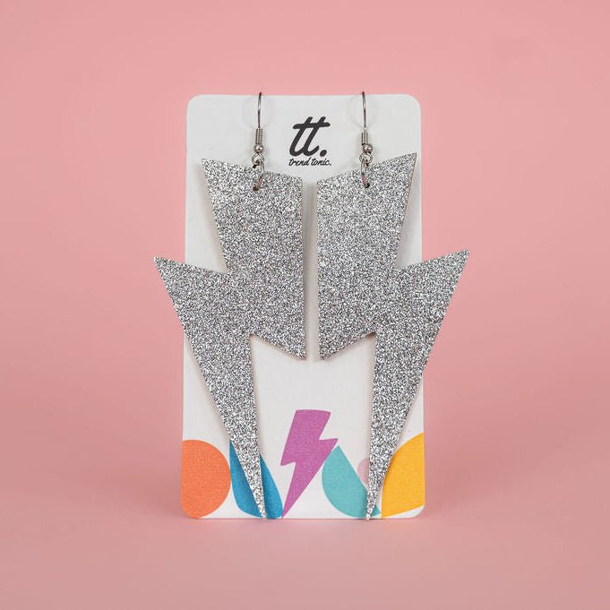 Extra Large Silver Glitter Lightning Bolt Earrings - Trend Tonic