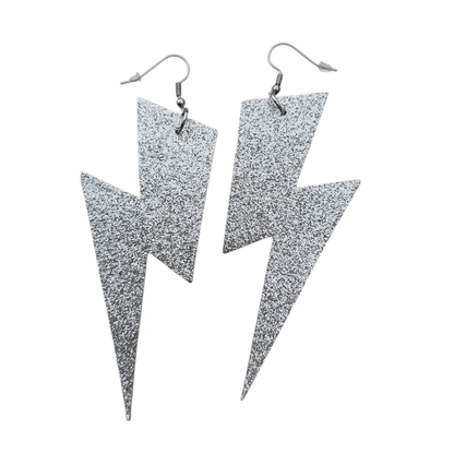 Extra Large Silver Glitter Lightning Bolt Earrings - Trend Tonic