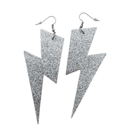 Extra Large Silver Glitter Lightning Bolt Earrings - Trend Tonic