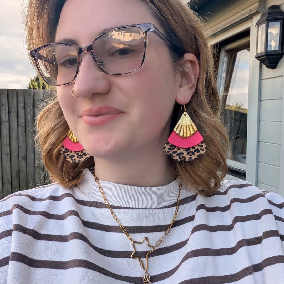Fan - tastic gold, leopard and pink mega fan cork leather statement earrings - Trend Tonic