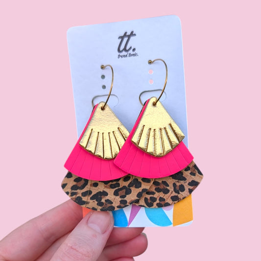 Fan - tastic gold, leopard and pink mega fan cork leather statement earrings - Trend Tonic