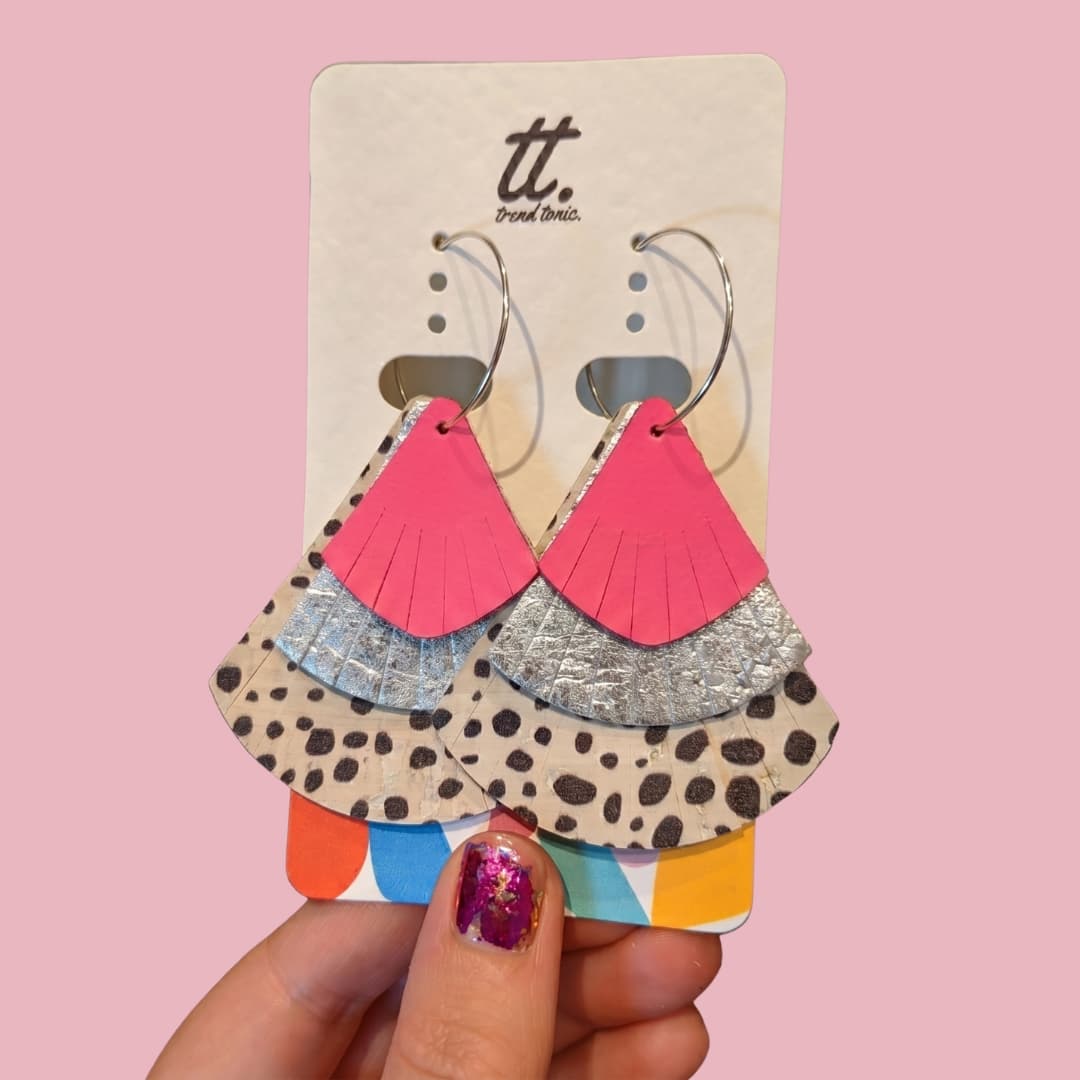 Fan - tastic silver, dalmatian and pink mega fan cork leather statement earrings - Trend Tonic