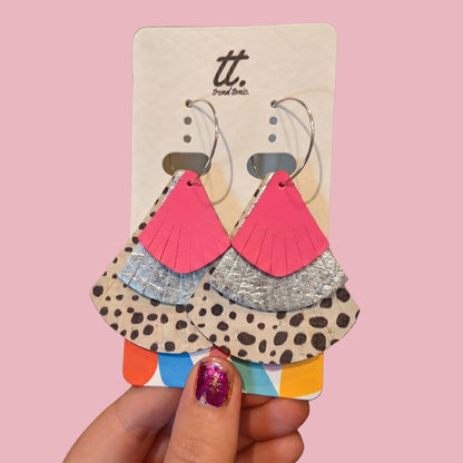 Fan - tastic silver, dalmatian and pink mega fan cork leather statement earrings - Trend Tonic