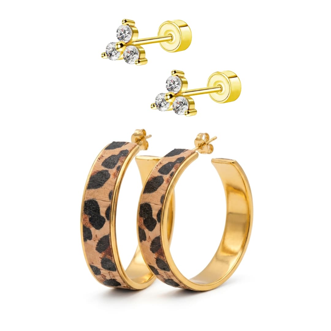 Gold Leopard Cork leather hoop earrings and flat back stud bundle - Trend Tonic
