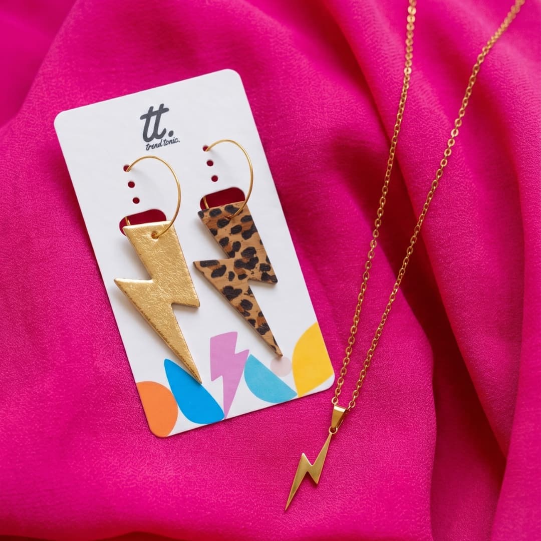Gold Lightning Bolt earring and necklace set - Trend Tonic