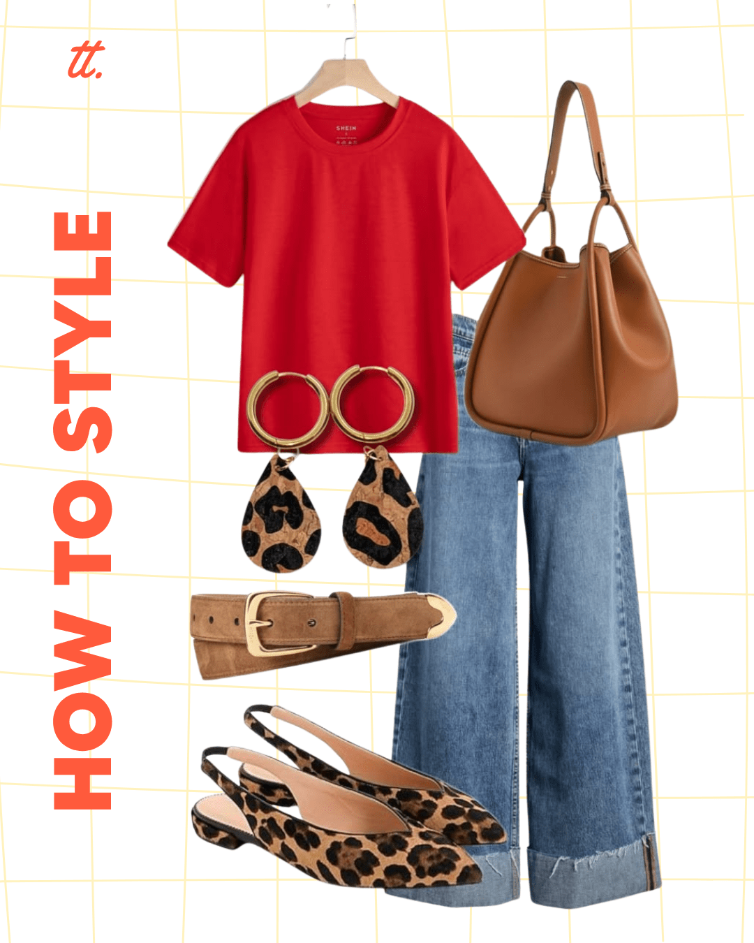 a red shirt and leopard print shoes