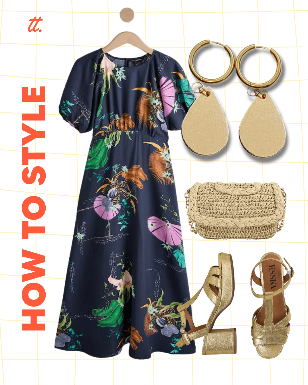 a dress and shoes and a purse