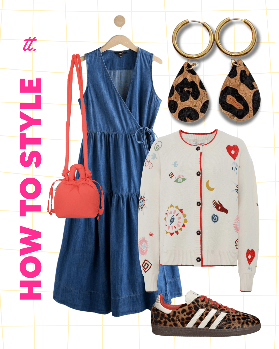 a blue dress and white sweater with leopard print shoes