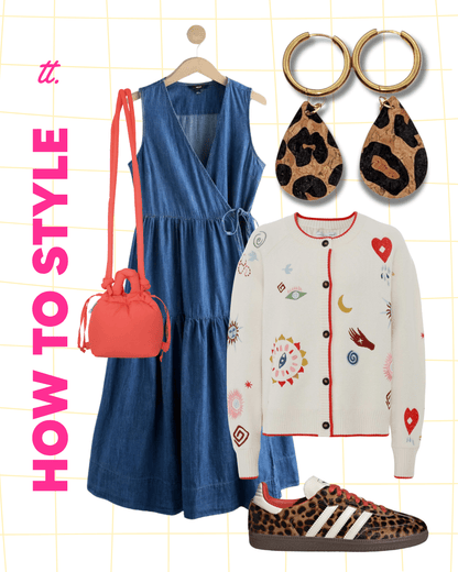 a blue dress and white sweater with leopard print shoes