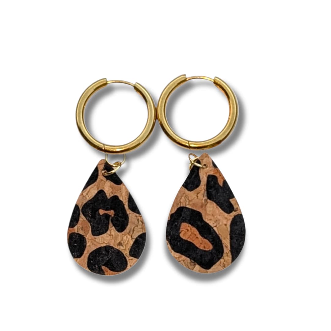 a pair of earrings with leopard print