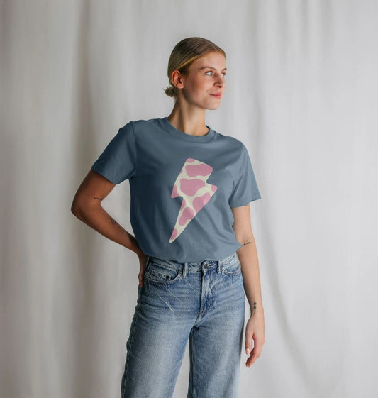 Ice cream cow print lightning bolt crew neck t-shirt - Trend Tonic