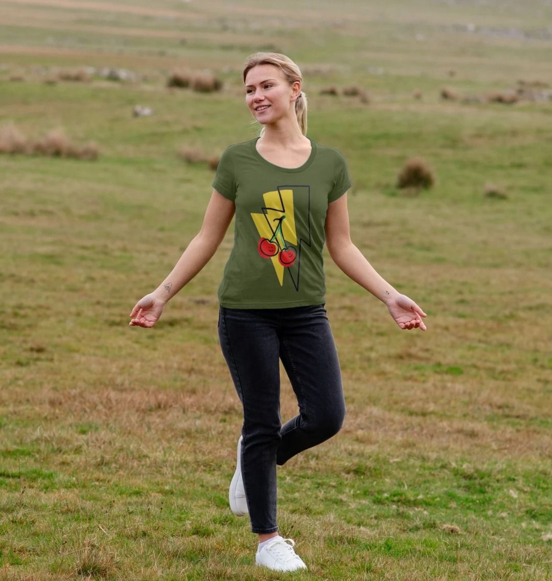 Large cherry lightning bolt scoop neck t-shirt - Trend Tonic