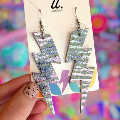 Metallic zebra print triple lightning bolt cork leather earrings - Trend Tonic