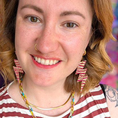 Metallic zebra print triple lightning bolt cork leather earrings - Trend Tonic