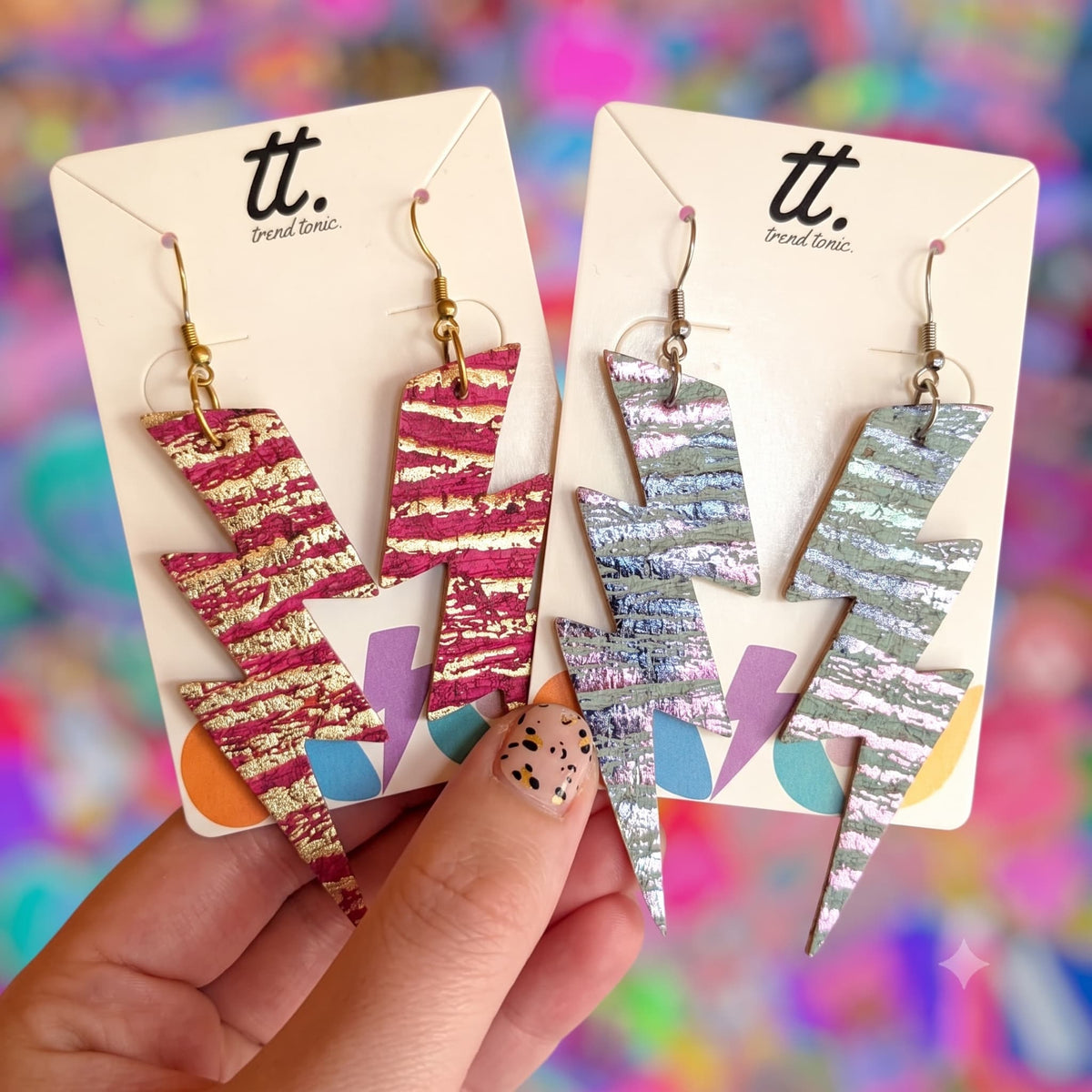 Metallic zebra print triple lightning bolt cork leather earrings - Trend Tonic