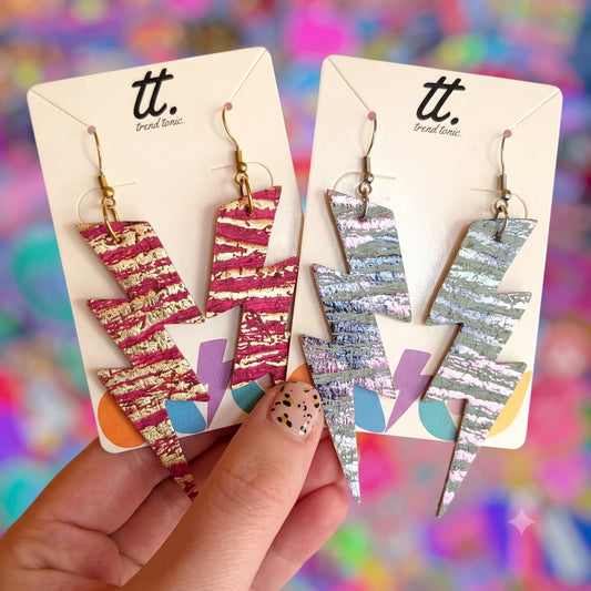 Metallic zebra print triple lightning bolt cork leather earrings - Trend Tonic
