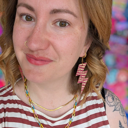 Metallic zebra print triple lightning bolt cork leather earrings - Trend Tonic