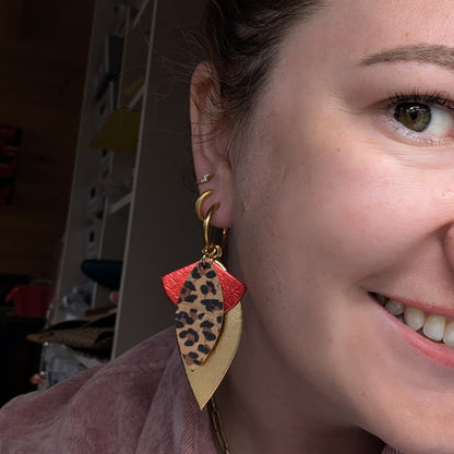 Multi piece gold red leopard and emerald green fan earring charm set - Trend Tonic