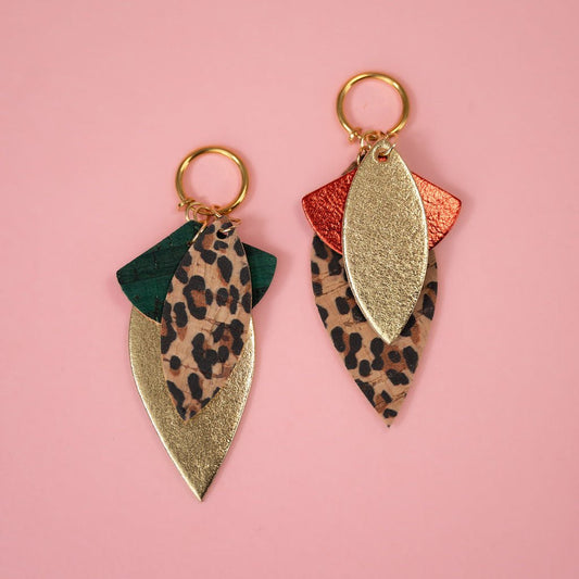 Multi piece gold red leopard and emerald green fan earring charms - Trend Tonic