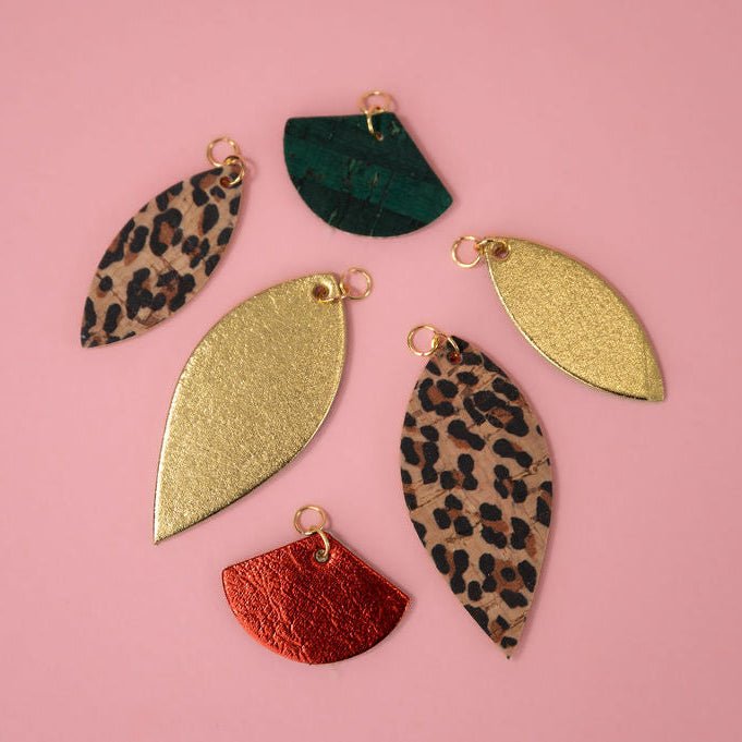 Multi piece gold red leopard and emerald green fan earring charms - Trend Tonic