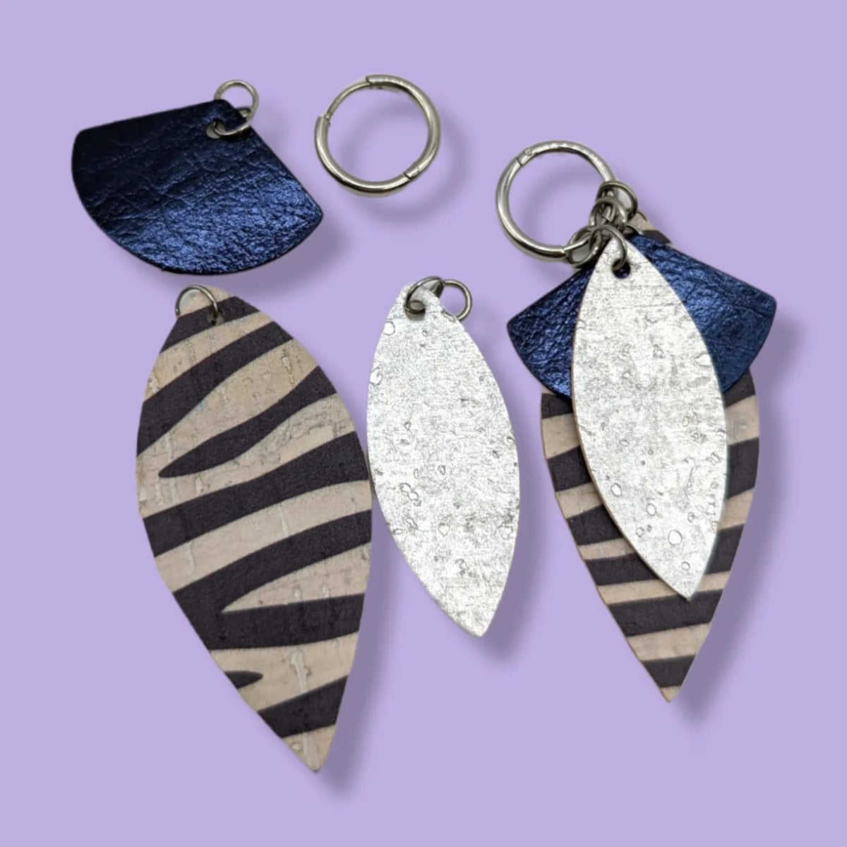 Multi piece zebra, silver, blue leopard and metallic blue fan earring charms - Trend Tonic
