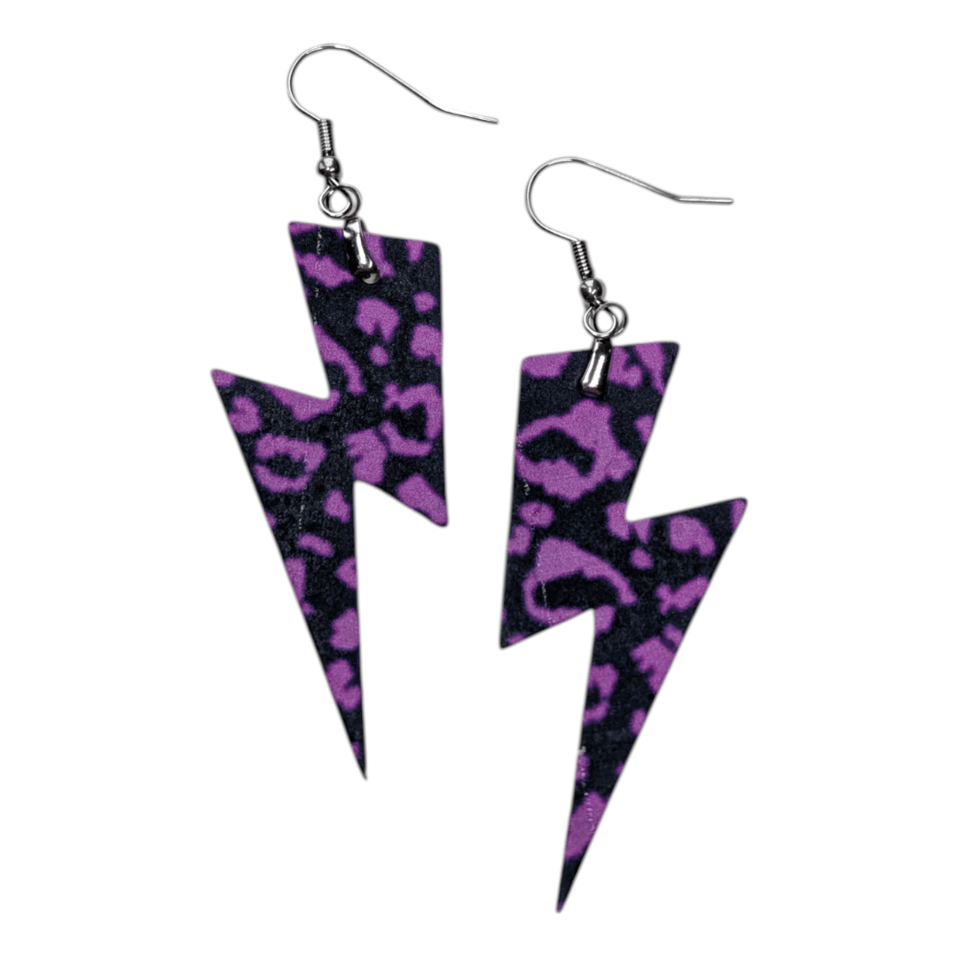 Navy and purple leopard print lightning bolt cork earrings - Trend Tonic