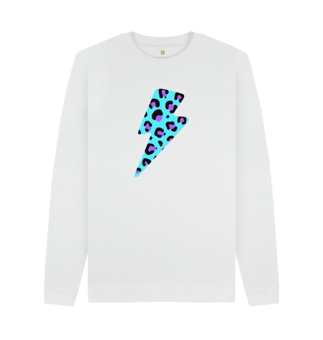 White Unisex Blue leopard print lightning bolt sweater