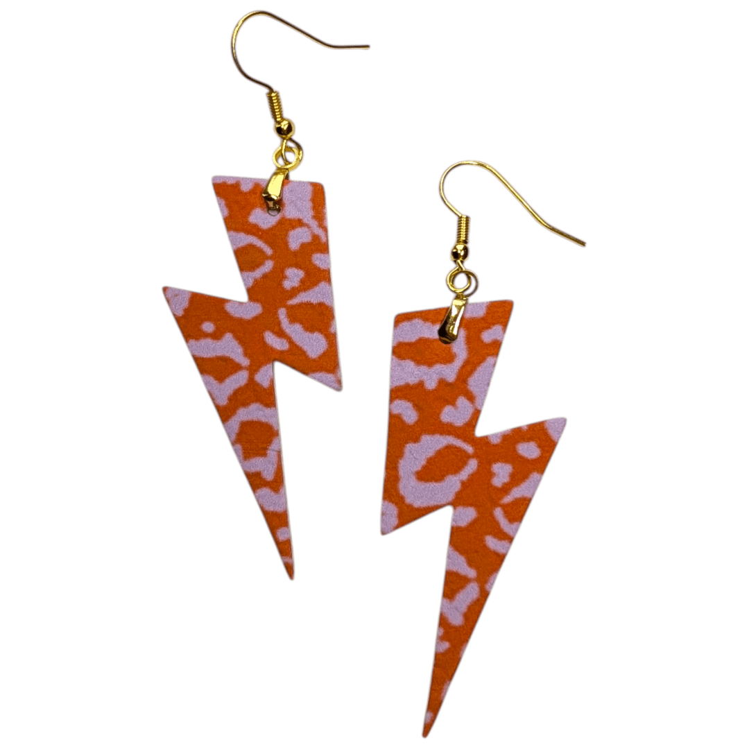 Orange and lilac leopard print lightning bolt cork earrings - Trend Tonic