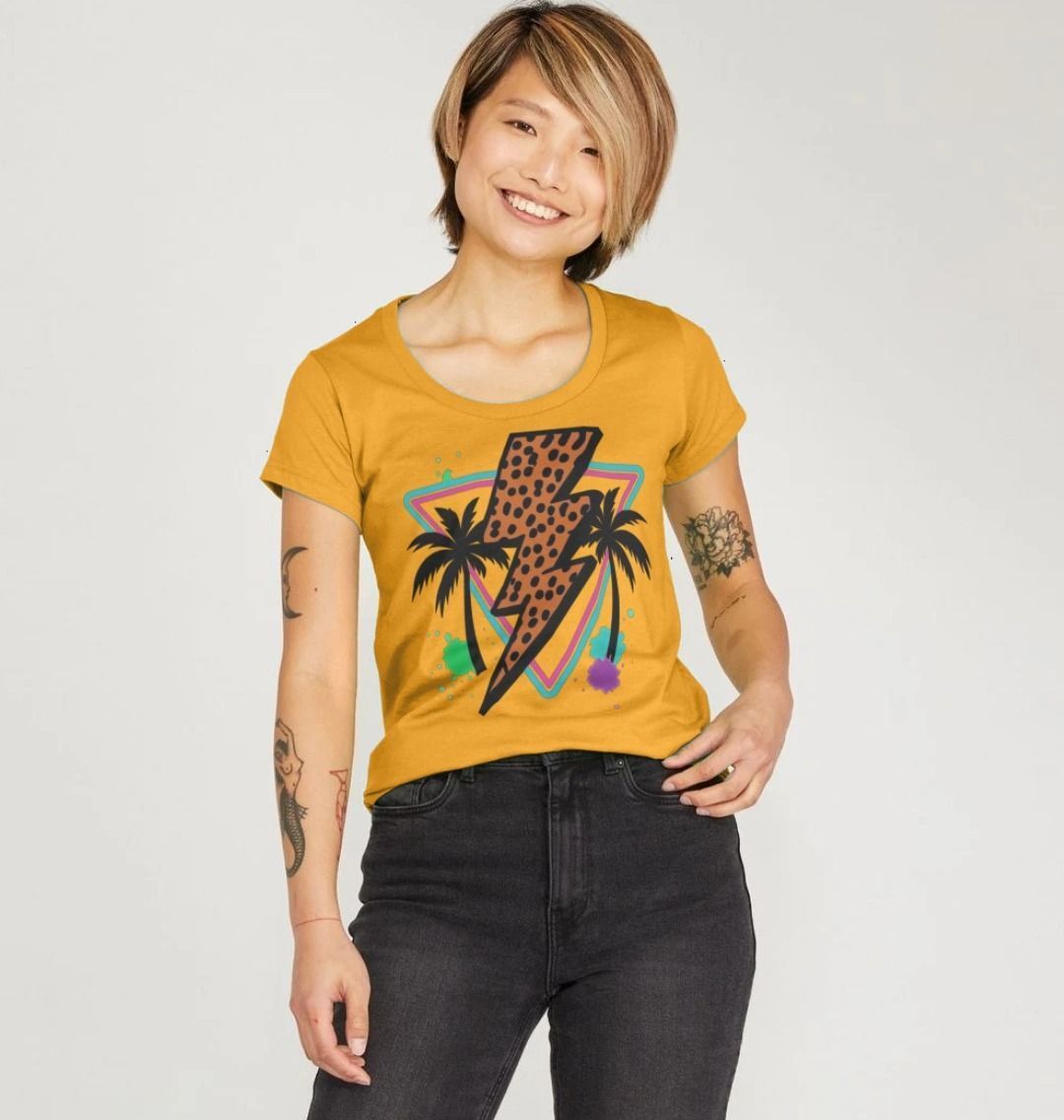 Orange lightning bolt palm tree scoop neck t-shirt - Trend Tonic