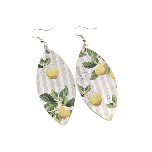 Pale Blue Striped Lemon Cork Leaf Earrings - Trend Tonic