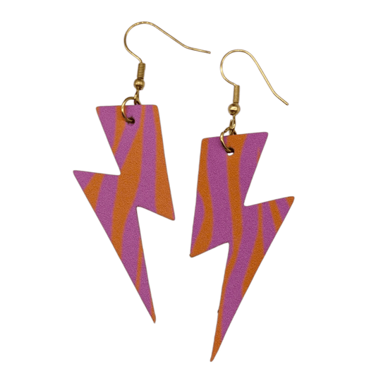Pink and orange stripe disco diva lightning bolt earrings - Trend Tonic