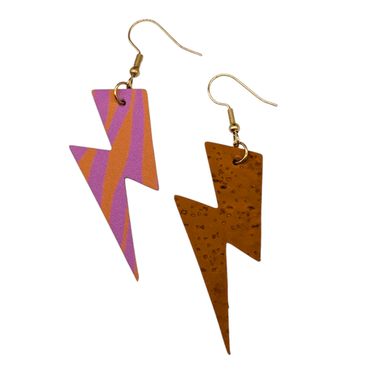 Pink and orange stripe disco diva lightning bolt earrings - Trend Tonic