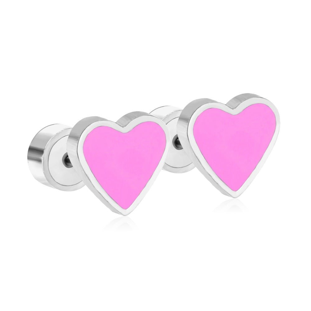 a pair of pink heart shaped earrings