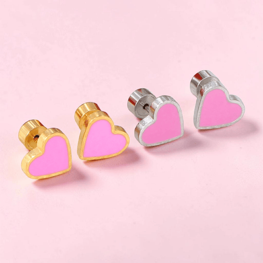 a row of heart shaped earrings