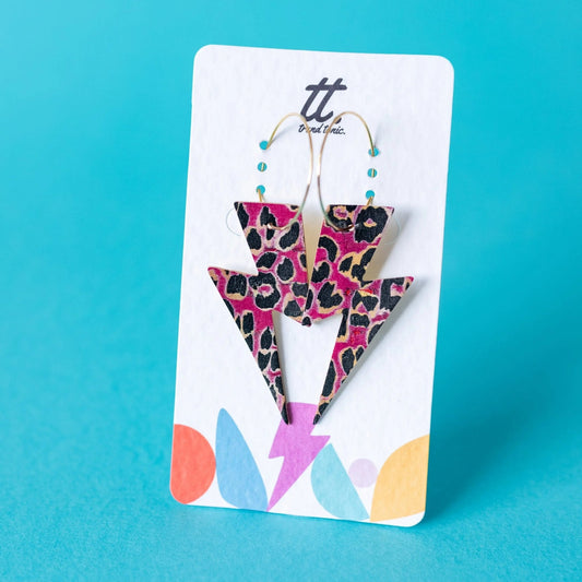 Pink leopard print cork lightning bolt hoop earrings - Trend Tonic