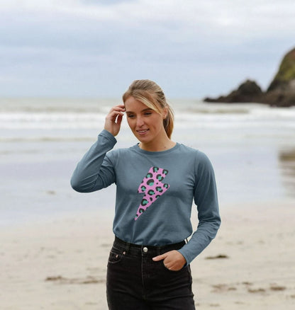 Pink leopard print lightning bolt long sleeve t-shirt - Trend Tonic