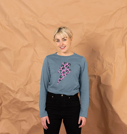 Pink leopard print lightning bolt long sleeve t-shirt - Trend Tonic