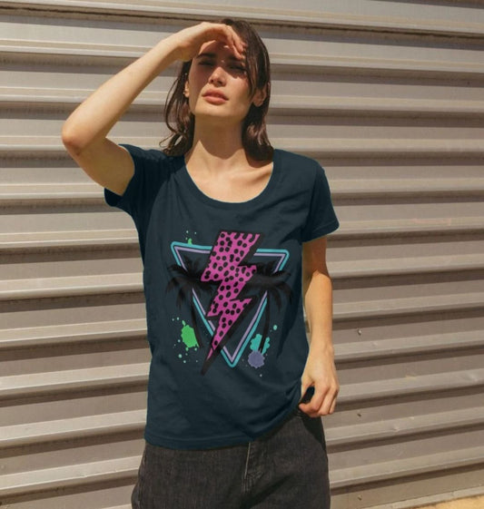 Pink lightning bolt palm tree scoop neck t-shirt - Trend Tonic