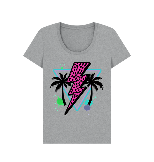 Pink lightning bolt palm tree scoop neck t-shirt - Trend Tonic