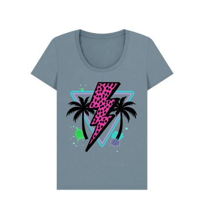 Pink lightning bolt palm tree scoop neck t-shirt - Trend Tonic