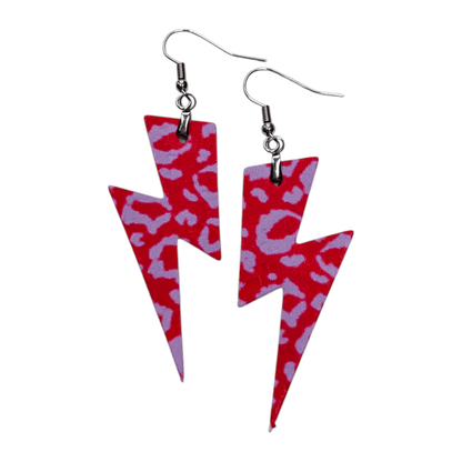 Red and lilac leopard print lightning bolt cork earrings - Trend Tonic