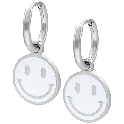 White smiley face hoop earrings