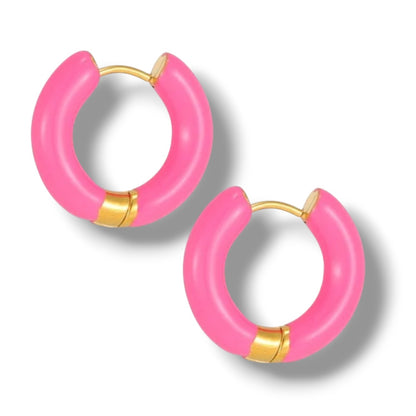 a pair of pink hoop earrings