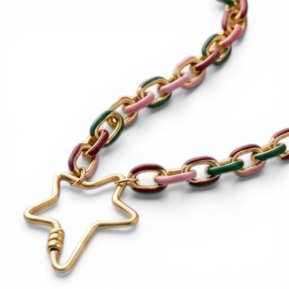 a gold star necklace with pink and green chains