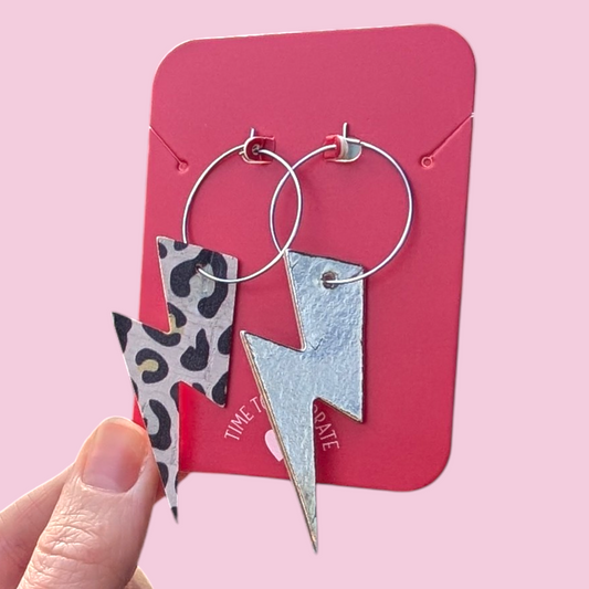 Double sided silver and rainbow leopard print cork lightning bolt earrings